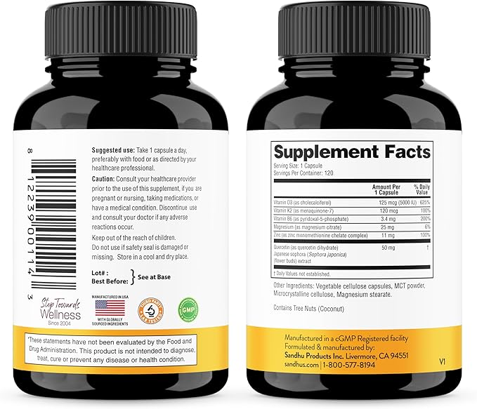 Vitamin D3 K2 5000 IU Capsules 120 Count | Magnesium, VIT B6, Zinc & Quercetin | 5000IU D3, 120 mcg K2 | Superior Absorption, Supports Natural Energy, Immune, Bone & Muscle Health | for Men & Women