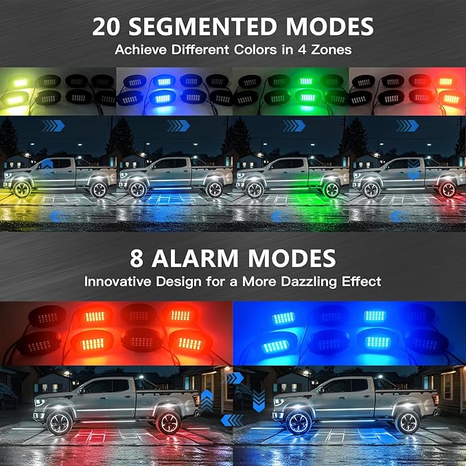 16 Pods Segmented Alloy RGB LED Rock Lights for Trucks Jeeps Trailer Pickup Offroad RV Boat UTV, Waterproof Shockproof Metal Underglow Kit with APP RF Control, Multicolor Neon Underbody Fender Light