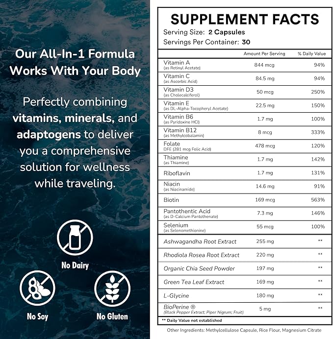 Supplement 2 Pack: Jet Lag Prevention + Ashwagandha, Rhodiola, D3+ for Immune Support, Energy, Digestive Health | Airplane Travel Essentials Multivitamin | Vegan | 120 Count