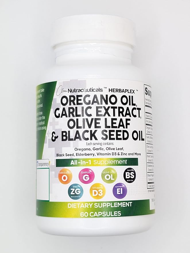 Clean Nutraceuticals Oregano Oil Garlic Extract Olive Leaf Black Seed Oil- Immune Support & Digestive Health Supplement for Women and Men with Vitamin D3 & Zinc - 5Pack