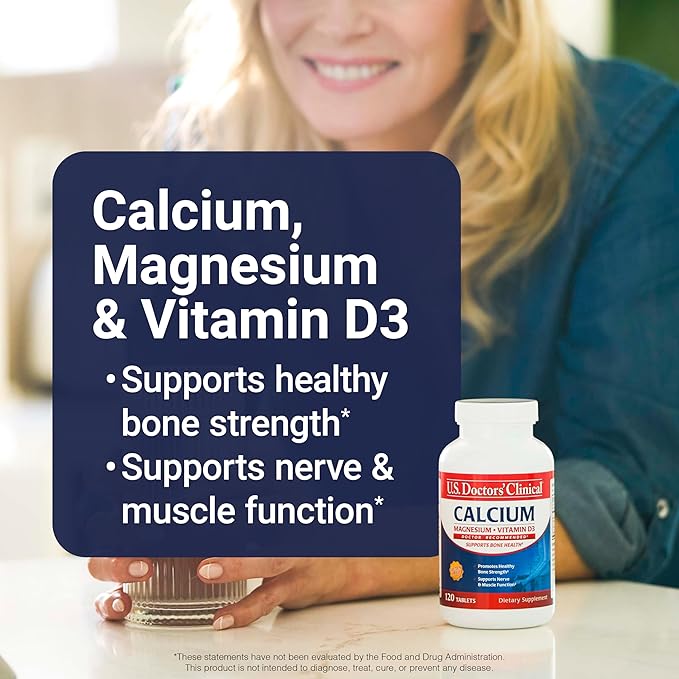 U.S. Doctors' Clinical 1200mg Calcium Citrate & Carbonate Complex with Magnesium & Vitamin D3 - Calcium Supplement for Bone Strength, Muscles & Nerves - Vegan, Non-GMO - 60 Tablets - 1-Month Supply