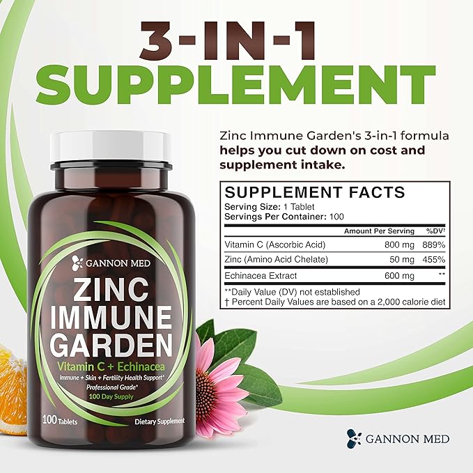 Chelated Zinc 50mg Immune Garden Vitamin C 800mg Zinc Supplements Echinacea 600mg per Tablet - Immunity + Skin + Reproductive Health Minerals - Zinc Chelate Immune Booster for Kids & Adults