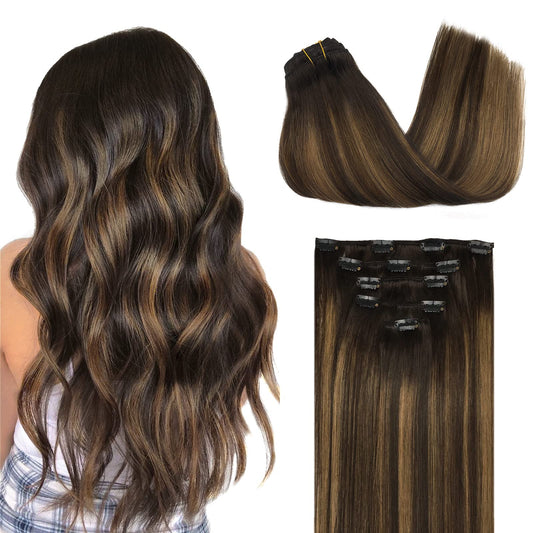 Doores Hair Extensions Clip In Human Hair, 5Pcs 80G 18 Inch Balayage Dark Brown To Chestnut Brown Clip In Human Hair Extensions