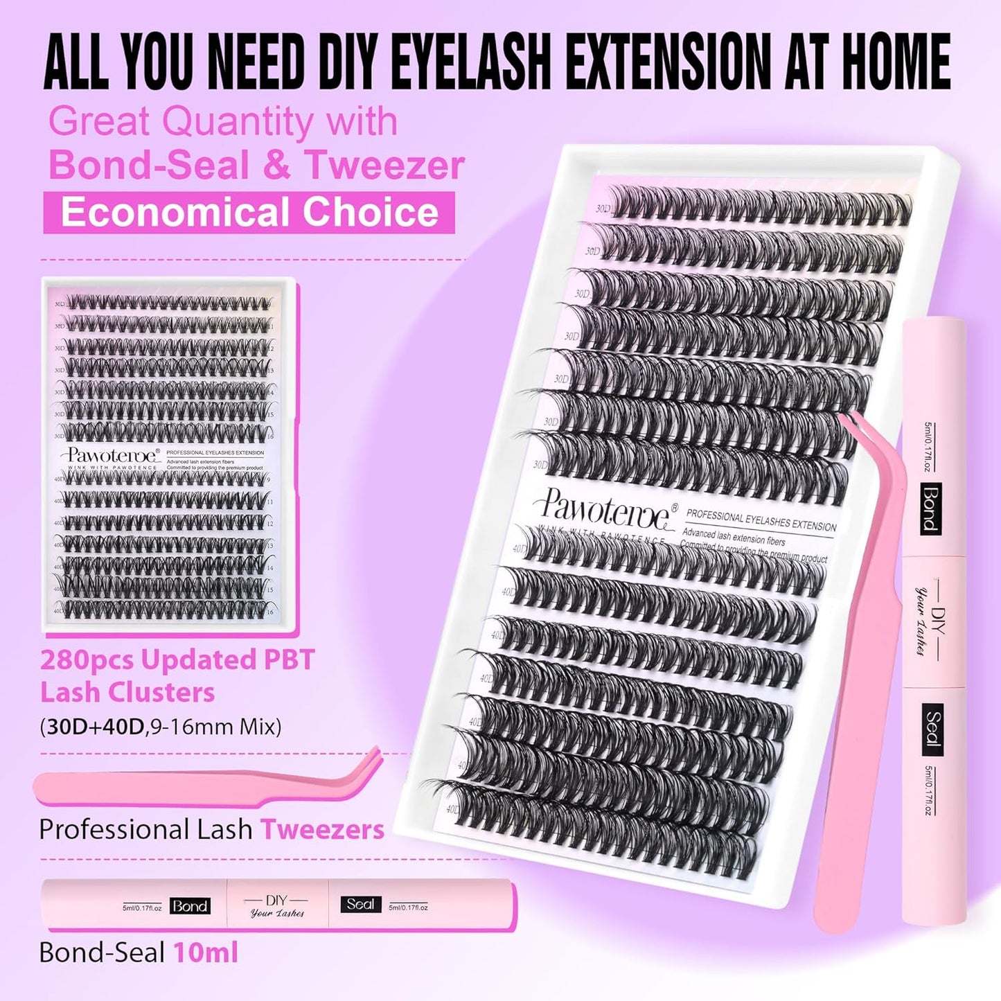 Pawotence 280pcs Lash Clusters | 40D & 50D Individual Eyelash Extensions 8-16mm