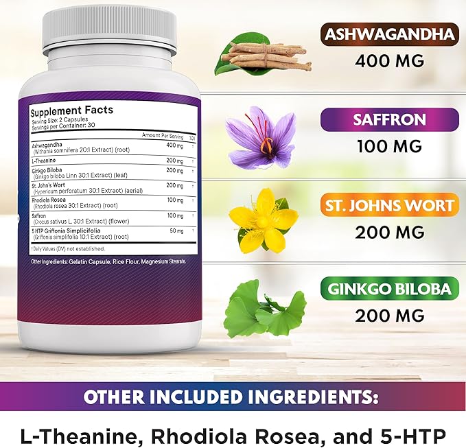NEW AGE Saffron Supplements with Ashwagandha - Support with L-Theanine, Ginkgo Biloba, St. John's Wort, Rhodiola Rosea & 5-HTP - Saffron 120 Count