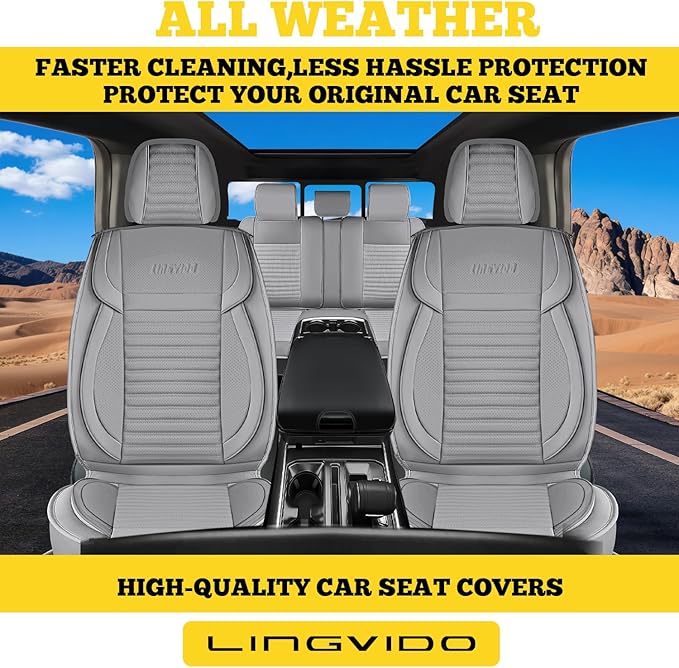 LINGVIDO Full Set Car Seat Covers, Faux Nappa Leather, Airbag Compatible and Waterproof Protectors for Sedans SUVs, Breathable Interior for Active Families, Pets, and Commuters (5 Seats, Gray)