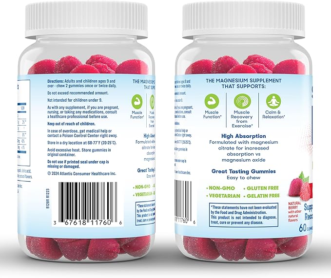 SlowMag Magnesium Citrate Gummies - Supports Muscle Health, Recovery & Relaxation, Natural Berry Flavored, 60 Count Pack of 2