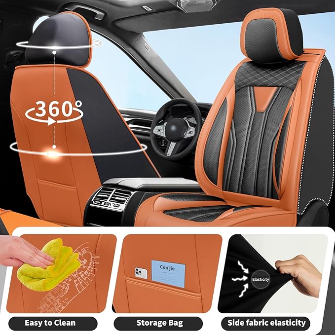Fit Prius Car Seat Covers for Toyota Prius 2001-2025 2026 -Premium Leather, Waterproof Stain-Resistant, Breathable，All-Weather Seat Cushion Protecto & Airbag Compatible, 2 Front Seat Orange