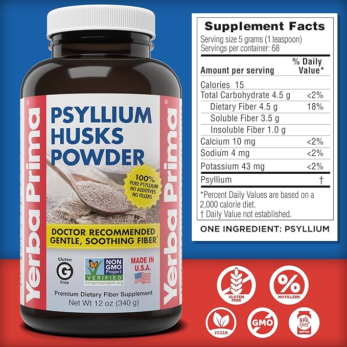 Yerba Prima Psyllium Husks Powder - 12 oz (Pack of 4) - Natural Fiber Supplement - Colon Cleanse - Gut Health - Vegan, Non-GMO, Gluten-Free (New Label - Packaging May Vary)