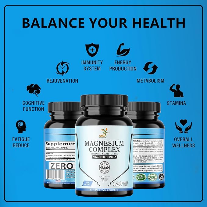 Magnesium Complex | 470mg of Magnesium Glycinate, Malate, & Citrate for Muscles, Nerves, & Energy | High Absorption | Vegan, Non-GMO | 120 Capsules