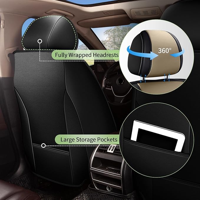Car Seat Covers Full Set for Subaru Ascent 2019-2023 2024 2025 - Breathable Cooling Ice Silk Leather Seat Cover - 5 Seats for Subaru Ascent Accessories (Black&Beige)