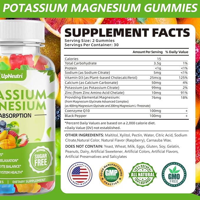 Potassium Magnesium Gummies for Adults Kids, Sugar-Free Potassium Gummies Supports Leg Cramps & Muscle & Immune Health, High Absorption Vegan Magnesium Supplement Gummies 5 Fruit Flavor 120 Cts