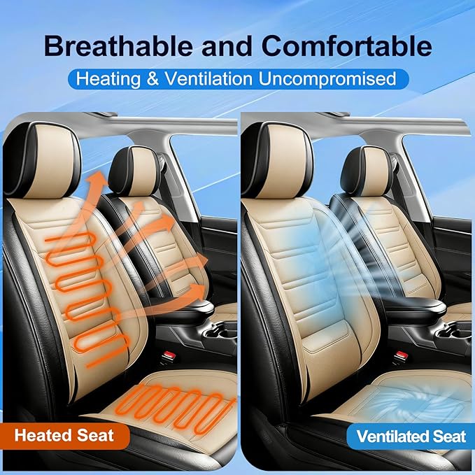 Fit Blazer Car Seat Covers for Select Chevrolet/Chevy Blazer 2019-2026, Premium Full Coverage Leather, Airbag Compatible, Waterproof All Weather Seat Cushion Protector, Front Pair Black+Beige