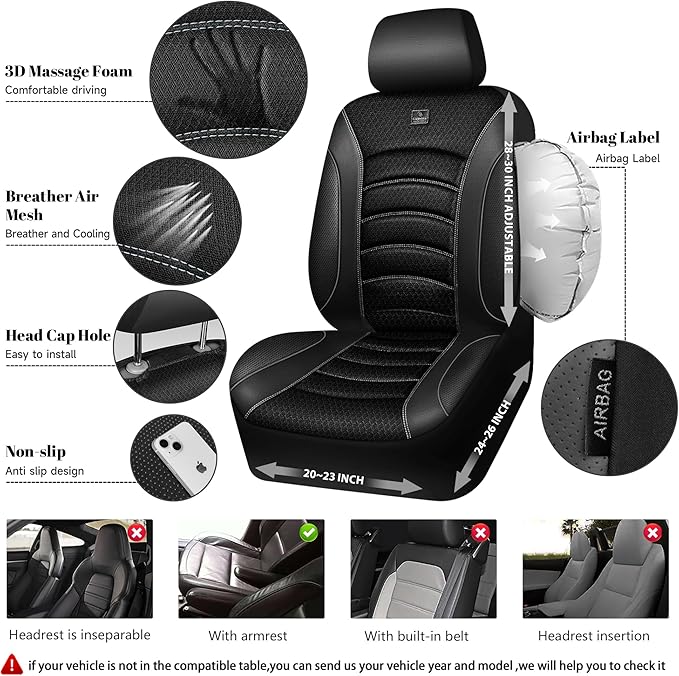 CAR PASS Comfortable 3D Foam Mesh Leather Car Seat Covers Full Sets, Air Cool Mesh Breathable Seat Covers for Car, Universal 5 Seats Fit for SUV Truck Sedan Automotive, Airbag Compatible,Black Gray