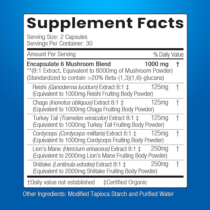 ENCAPSULATE 6 Mushroom Blend – Reishi, Chaga, Turkey Tail, Cordyceps, Lion’s Mane & Shiitake 8:1 Mushroom Extract – Nootropic & Adaptogen Mushroom Supplement for Gut, Brain & Immune Support - 60 Caps