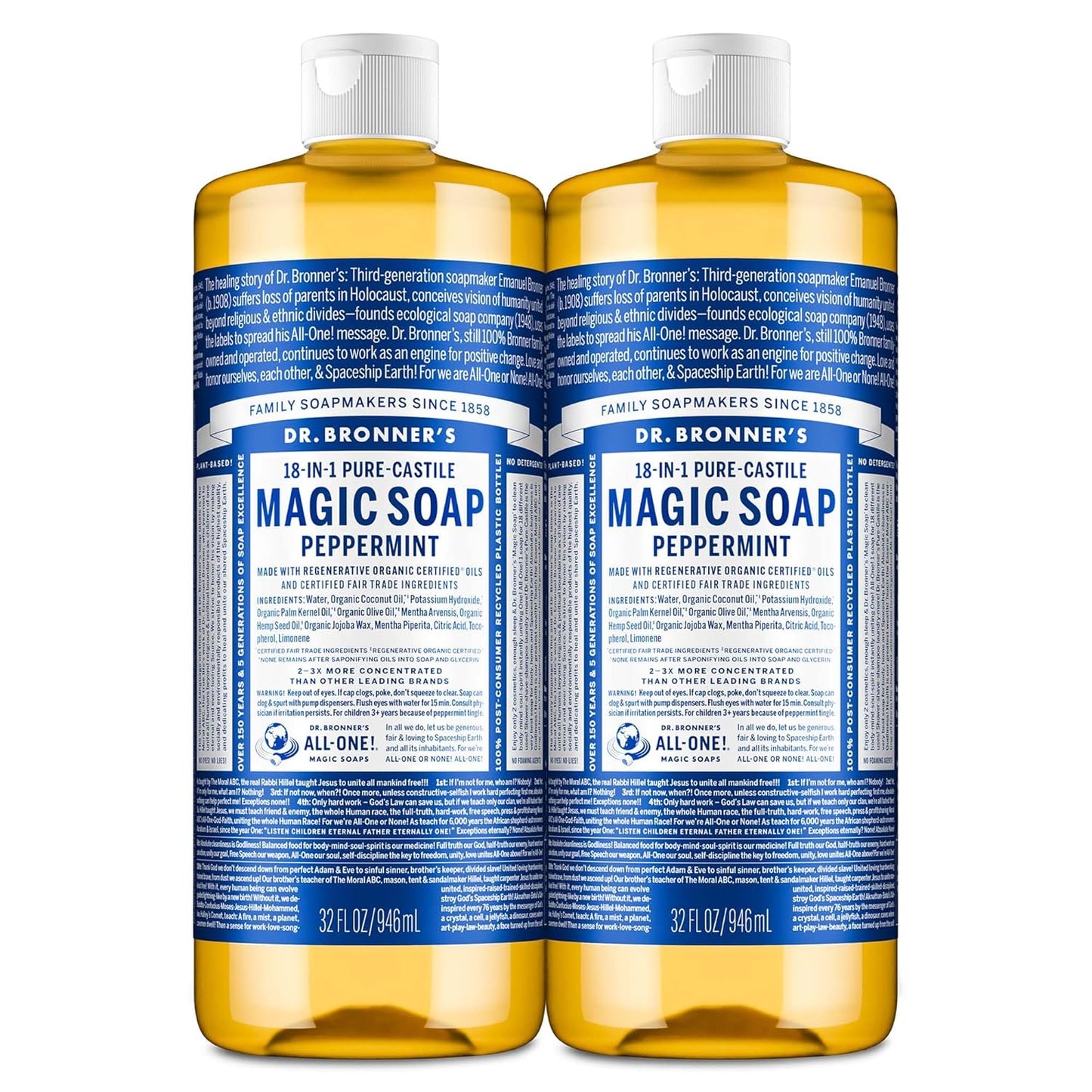 Dr. Bronner's Peppermint Pure-Castile Liquid Soap | 16 Oz | 2-Pack | Vegan & Organic