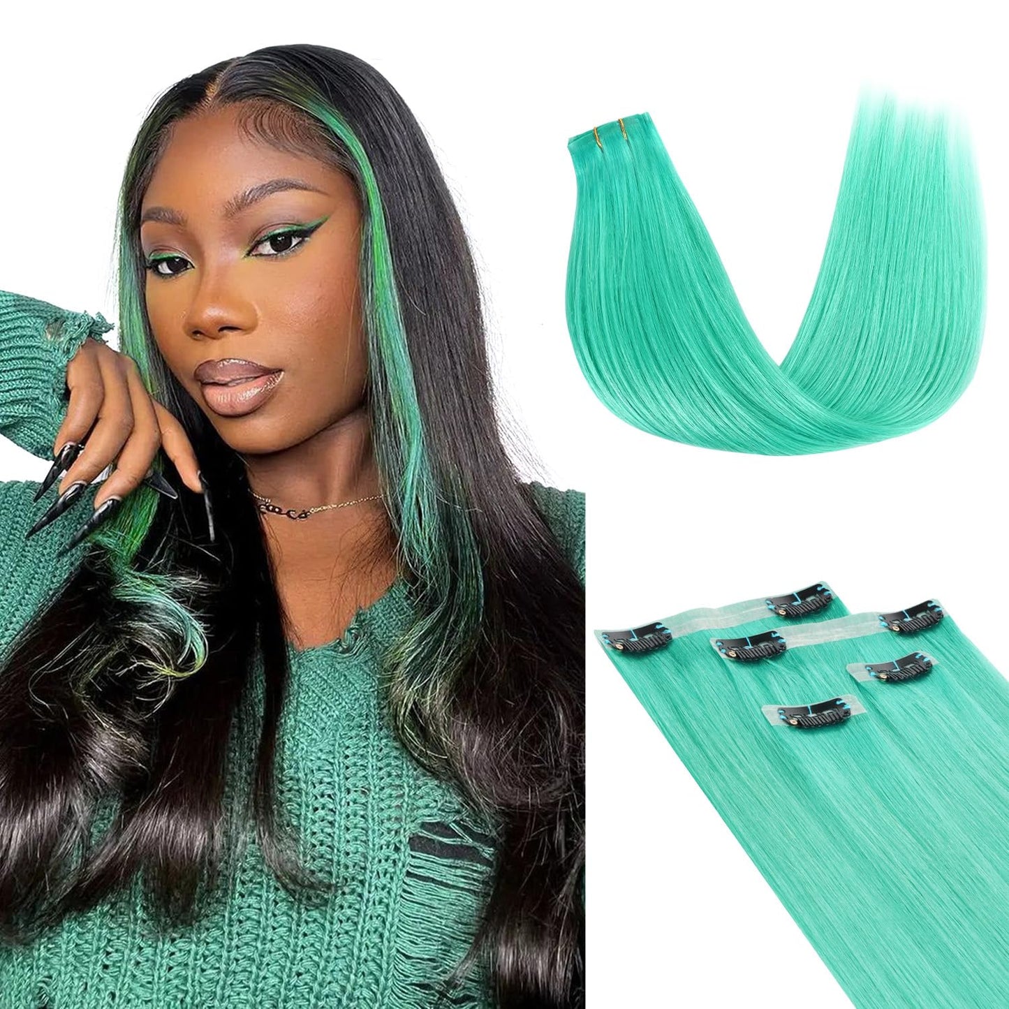 Lashey Green Hair Extensions 4Pcs 46G Straight Seamless Clip In Hair Extensions Human Hair With Invisi Edge 18 Inch Hair Extensi