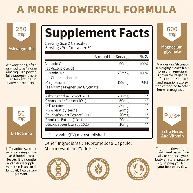 Cortisol Supplement, 10-in-1 Cortisol Reducer Detox Manager for Women & Men - Magnesium, Ashwagandha, Rhodiola, Chamomile, L-Theanine, Vitamin C & D3 - Mood, Focus, Sleep Support - 60 Vegan Capsules