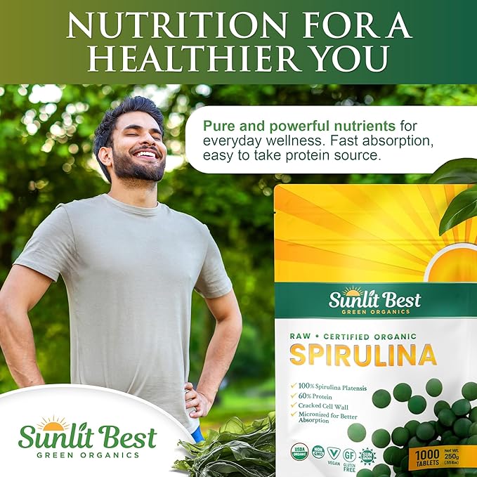 Sunlit Best - USDA Organic Spirulina Tablet - Natural Super Greens Supplements for Immune Support, Gut Health & Boost Energy Tablets with Chlorophyll, Vegan & High Protein Non GMO, 1000 Superfood Tabs