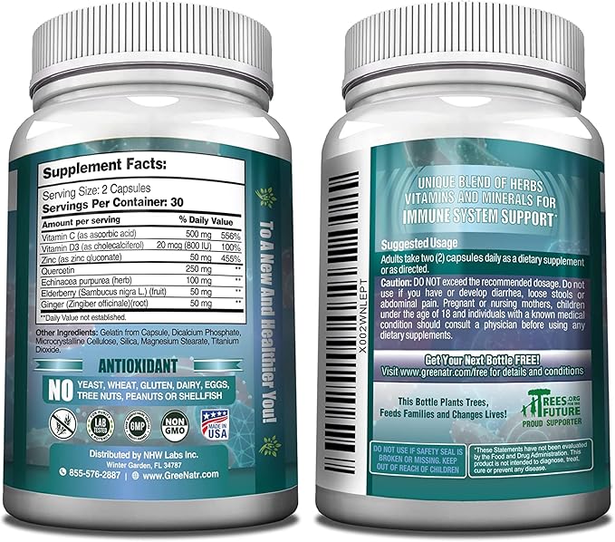 7 in 1 Immune Support Supplement with Vitamin C, D3, Zinc 50mg, Quercetin, Echinacea Purpurea, Sambucus Elderberry and Ginger for Complete Immune Defense - 60 Capsules (1 Bottle)