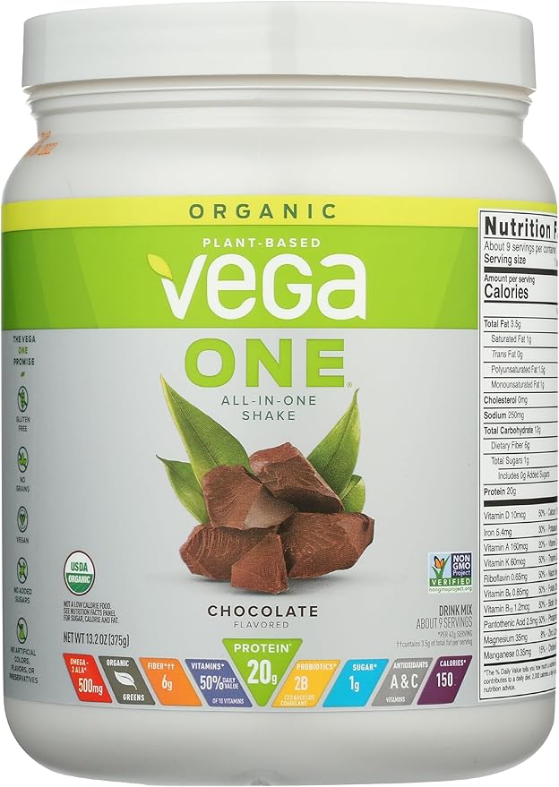 Vega Organic All-in-One Vegan Protein Powder, Chocolate - Superfood Ingredients, Vitamins for Immunity Support, Keto Friendly, Pea Protein for Women & Men, 13.2 oz (Packaging May Vary)