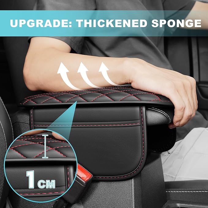 Center Console Cover Fit for Kia Soul 2010-2025 with 2 Storage Bags Waterproof Leather Quilted Pattern Car Armrest Cover Cushion Anti - Slip(Black&Red Line)