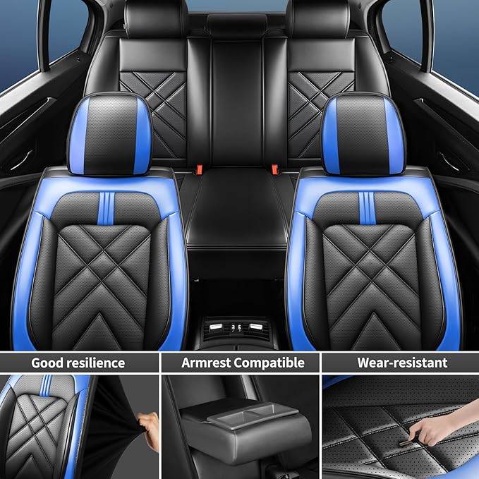 CX-30 Car Seat Covers Fit for Mazda CX-30 2020-2026, Full Coverage Premium Leather Waterproof Breathable Seat Covers, Automotive Seat Protectors, Airbag Compatible(Full Set Seats, Black-Blue)