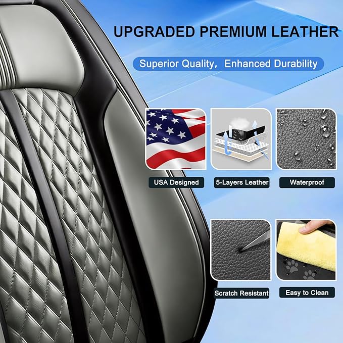 Fit Trax Car Seat Covers for Chevrolet/Chevy Trax 2015-2026, Premium Full Coverage Leather, Waterproof All Weather Seat Protector, Airbag Compatible, Scratch Resistant, Front Pair Black+Gray