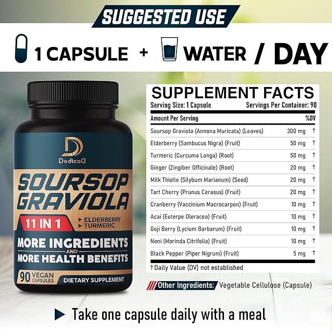 Soursop Graviola Capsules - 3 Months Supply - 9450mg Per Serving - 11 Herbs Elderberry, Turmeric Curcumin, Ginger Root, Milk Thistle - Mood, Mind, Body & Immune Support - 90 Vegan Capsules