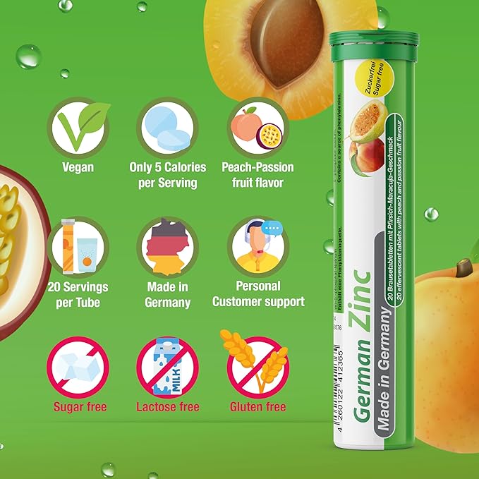 German Zinc 60 Drink Effervescent Tablets - Peach and Passion Fruit Flavour - 5 mg Zinc, Sugarfree, Vegan - T&D Pharma – Made in Germany