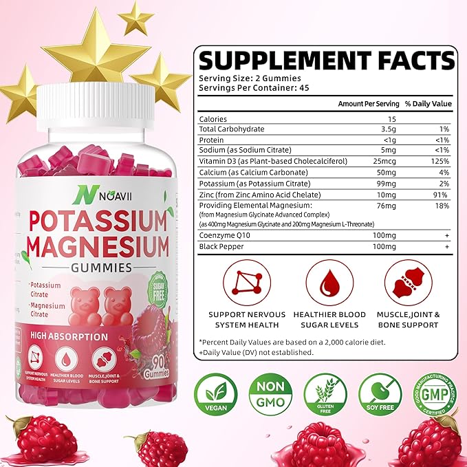 Potassium Magnesium Gummies, New Formula Calm Magnesium Glycinate Gummies, Chewable Gummy Supplements for Leg Cramps & Muscle, Raspberry Flavor 90 Count