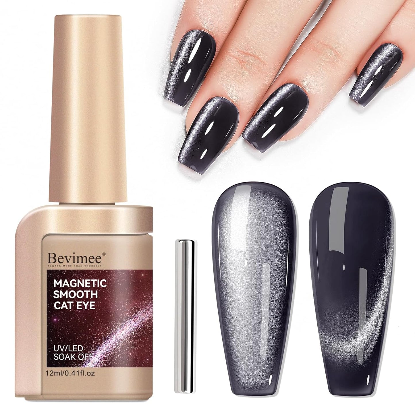 Cat Eye Gel Polish - Black, Glitter Magnetic Nail Polish Moonlight, Cateye Polish With Magnet Stick Holographic Shimmer Cateye Effect, UV Velvet Gel Nail Art Manicure Salon DIY Home, 12ML