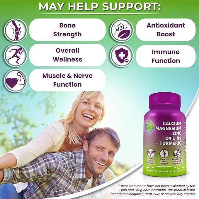 Plant-Based Calcium 500mg (Aquamin) – Vegan Calcium Magnesium Zinc D3 with Vitamin K2 & Organic Turmeric – Enhanced Bone and Muscle Health & Strength, Immune Support for Women & Men - 90 Count