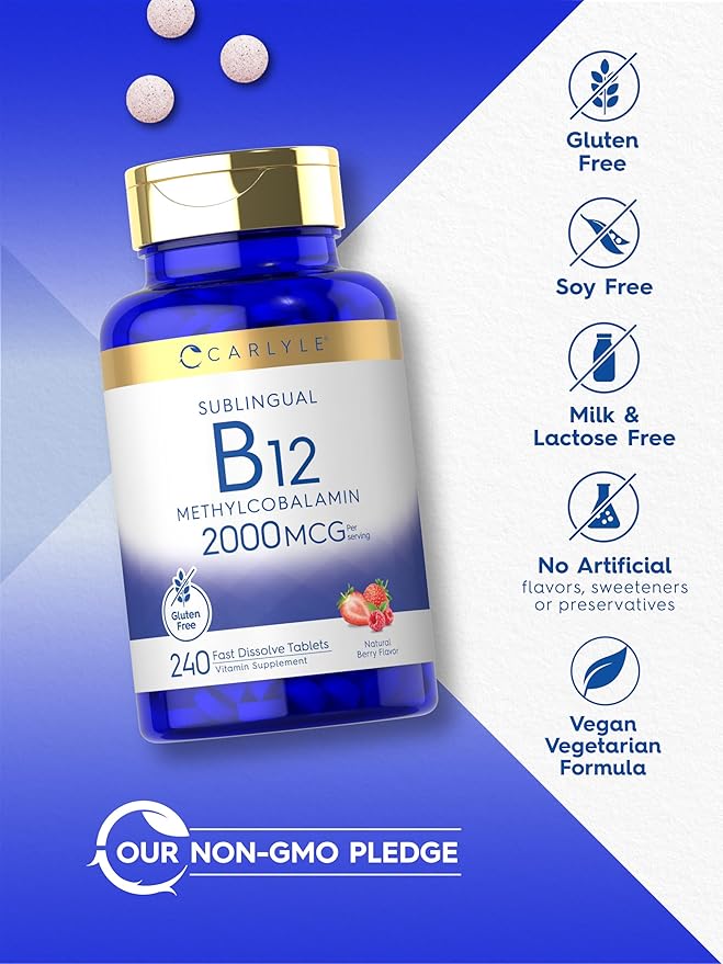 Carlyle B12 Vitamin 2000 mcg | 240 Fast Dissolve Tablets | Sublingual Methylcobalamin | Berry Flavor | Vegetarian, Non-GMO & Gluten Free Supplement