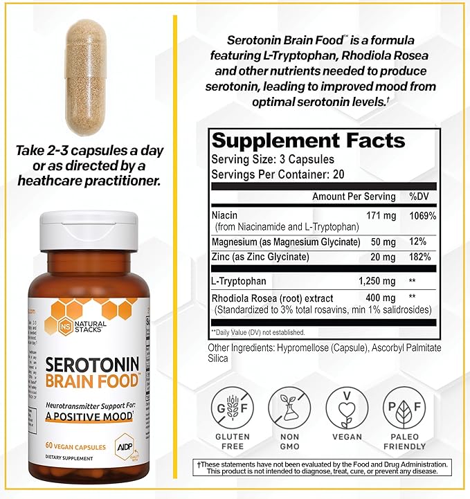 Serotonin Brain Food - 1250mg L-Tryptophan & 400mg Rhodiola Rosea Supplement - Mood Support Supplement for Stress Relief - Neurotransmitter Support with Magnesium Glycinate & Zinc - 60 Capsules