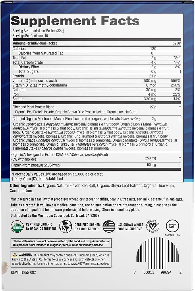 OM MUSHROOM SUPERFOOD Master Blend Mushrooms & Adaptogens, Creamy Vanilla Plant Protein, Single Serve, 10 Count, 10 Mushroom Complex, Lion's Mane, Ashwagandha for Energy, Recovery, Stress Relief