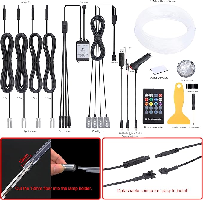 5 Meters Optic Fiber Car Ambient Lighting with RF Remote Control 64 Colors Multicoloured Music Interior Footwell Lighting Kit DC 12V 1W