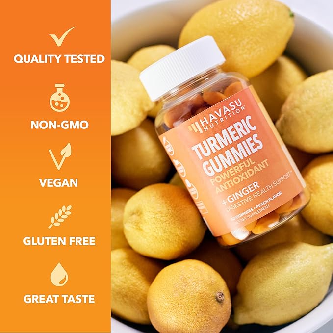Turmeric Gummies with Ginger and 95% Curcuminoids - Digestive Health and Immune Support Supplement for Overall Wellness - 60 Count - Vegan, Non-GMO Curcumin Vitamin - Peach Flavor, 1 Month Supply