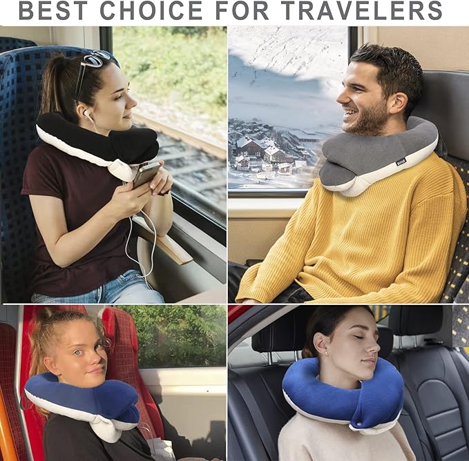 BUYUE Travel Neck Pillows for Airplanes, 360° Head Support Sleep for Long Flight, Skin-Friendly & Breathable, Kit with 3D Contoured Eye Mask, Earplugs and Storage Bag (Adult, Grey, 90+ lbs)
