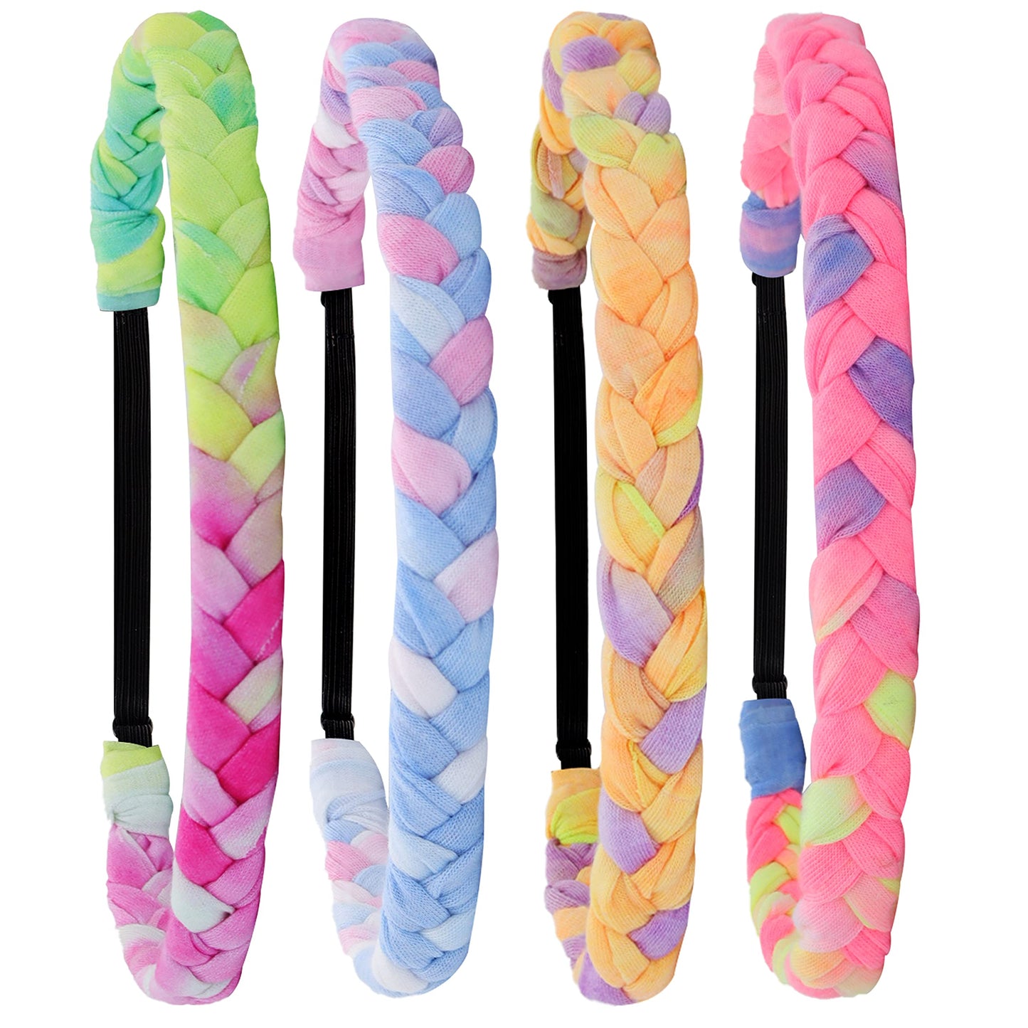Frog Sac 4 Braided Headbands For Girls, Adjustable Rainbow Tie Dye Braid Head Bands For Kids, Stretch Elastic Cloth Fabric Hairb