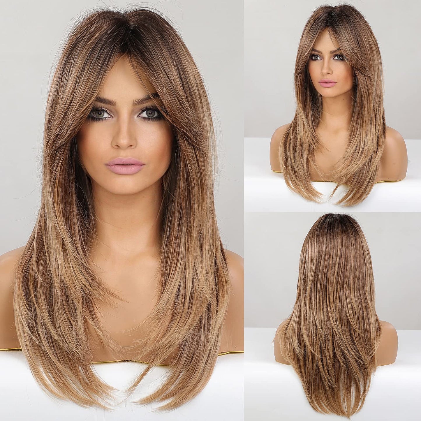 Haircube Long Layered Synthetic Hair Wigs For Women With Bang (Ombre Mixed Brown)