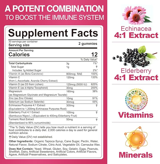 Vitamin C D3 Zinc Gummies for Adults w/Echinacea, Elderberry, Selenium, Magnesium，Vitamin D3 5000IU, Daily Immunity Booster Multivitamin Gummies, for Immunity Antioxidant Bone Energy，Vegan 2 Pack