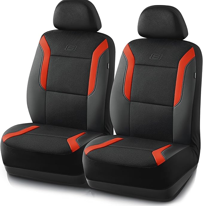 Skechers Memory Foam Leather Car Seat Covers, Air Cool Mesh Thick Seat Covers, Car Seat Covers Front Seats, Airbag Compatible, Automotive Comfort for Most Cars, Vans, Trucks, SUV,Orange