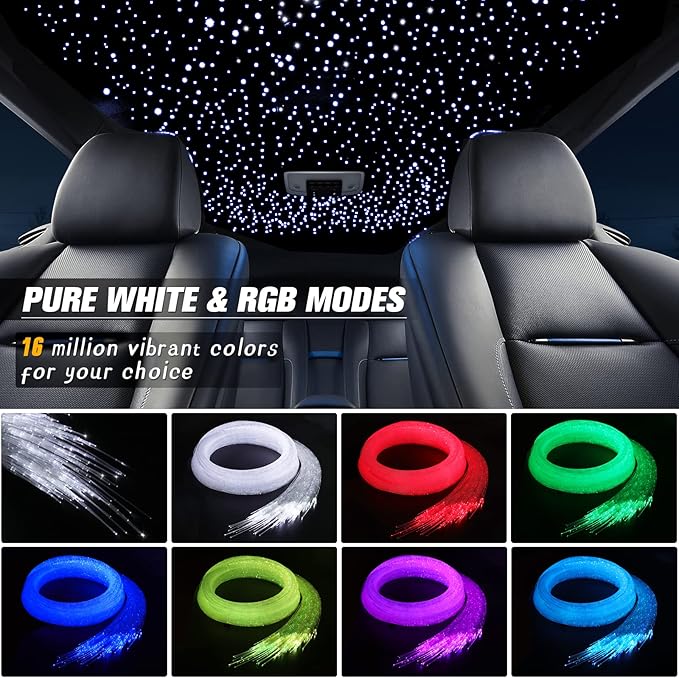 32W Twinkle Starlight Headliner Kit, 1600pcs*0.03in*13.1ft LED Fiber Optic Lights Kit, Star Ceiling Light+10 Crystals+Adapter+Car Use Plug for Car Roof/Home with APP/Remote/Music Mode