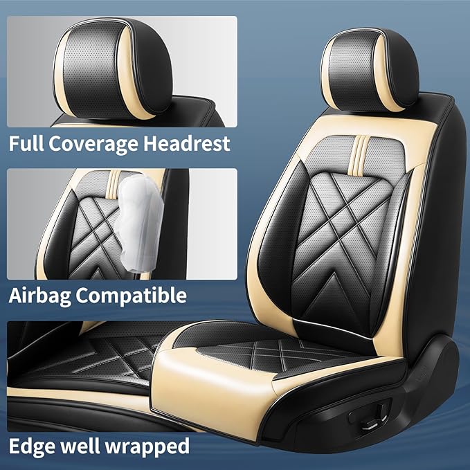 Car Seat Covers Compatible with Mazda 6 2007-2021, Full Coverage Premium Leather Waterproof Breathable Seat Covers, Automotive Seat Protectors, Airbag Compatible(2 Front Seats, Black Beige)