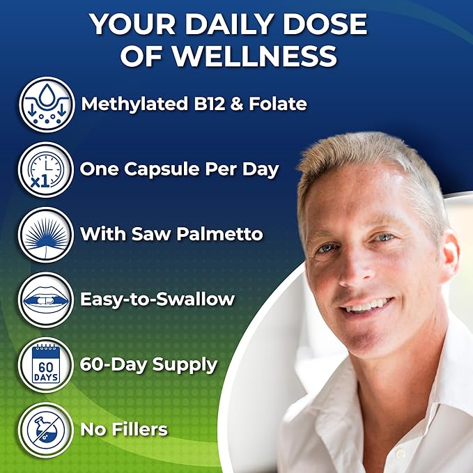 Men's Daily Multivitamin 50 Plus - Vegan Methylated Multivitamin for Men 50 and Over - Saw Palmetto, Biotin, Organic Superfoods, Lutein - Eye, Energy, Gut, Health Support - Easy to Swallow Capsules