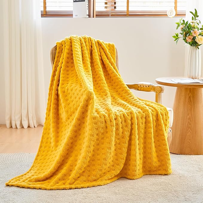 NEWCOSPLAY Super Soft Throw Blanket Yellow Premium Silky Flannel Fleece 3D Waffle Checkered Lightweight Bed Blanket All Season Use (Mustard Yellow, Throw(50"x70"))