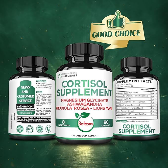 Satoomi 8in1 Cortisol Manager - Supplement with Magnesium Glycinate, Ashwagandha, Rhodiola Rosea, Lions Mane & More - Cortisol Reducer Men & Women - 60 Capsules