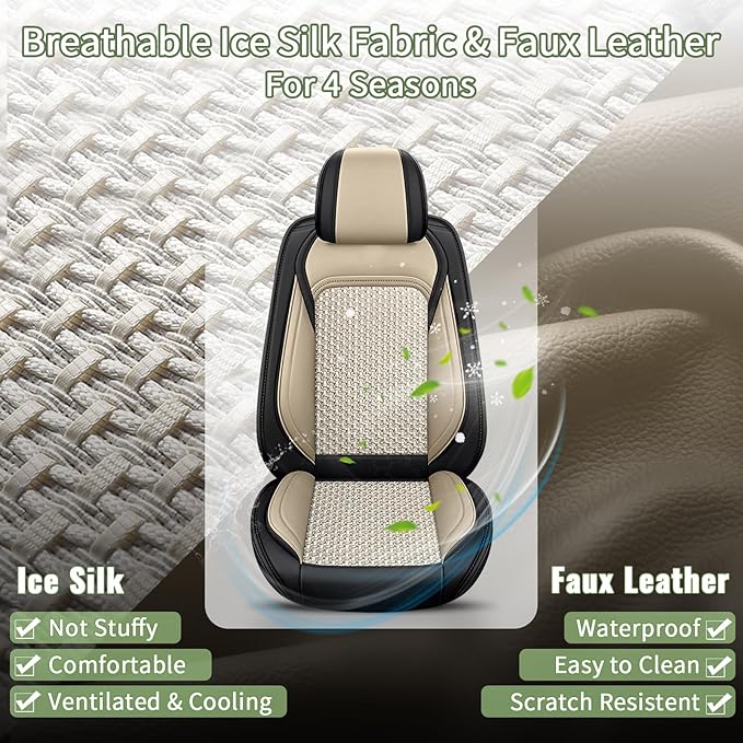 Car Seat Covers Full Set for Honda Accord 2003-2017 2 Rows 5 Seats- Breathable Cool Ice Silk Leather Seat Covers - Vehicle Seat Cushion (Black&Beige)