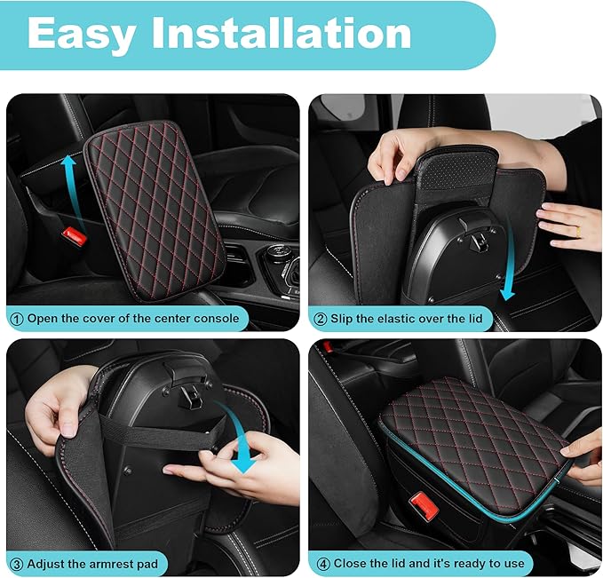 Center Console Cover Fit for Kia Soul 2010-2025 with 2 Storage Bags Waterproof Leather Quilted Pattern Car Armrest Cover Cushion Anti - Slip(Black&Red Line)
